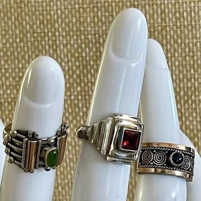 (3) Sterling Silver Rings - Sapphire - Garnet & Jade Cabochon 3 18K Gold Sizes 3 - 3.25 - Weight  16.3 Grams 