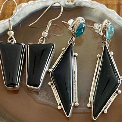 (2) Pairs Of Sterling Silver - Black Onyx - Obsidian & Topaz Handmade Earrings - Total Weight 20 Grams