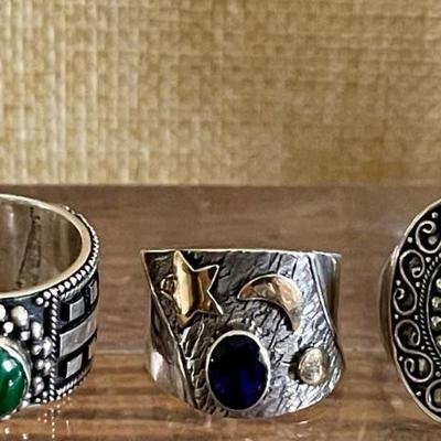(3) Sterling Silver Rings - Amethyst Moon & Stars - Malachite & Blue Topaz - Sizes 5 - 5.75 - Weight 23 Grams 
