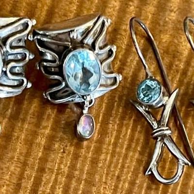 (2) Pairs Of Sterling Silver - Faceted Blue Topaz & Opal Handmade Earrings - Total Weight 15.6 Grams 