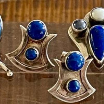(3) Pairs Of Sterling Silver - Blue Lapis & Pearl Handmade Earrings - Total Weight 23.8 Grams 