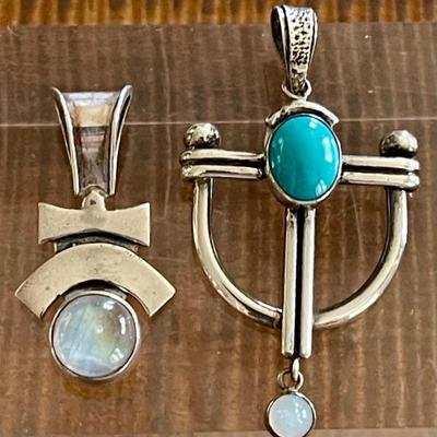 (2) Sterling Silver Pendants (1) Turquoise & Moonstone And (1) Rainbow Moonstone - Total Weight 13.3 Grams