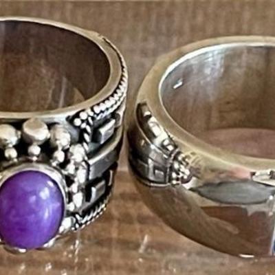 (2)  Sterling Silver Rings - Charoite Cabochon & Blue Lapis - Total Weight 29.2 