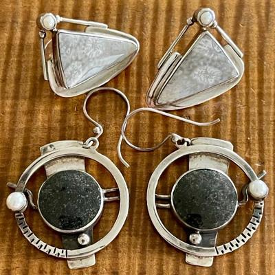 (2) Pairs Of Sterling Silver - Ocean Jasper - Pearl & Jasper Earrings - Total Weight 31.2 Grams 