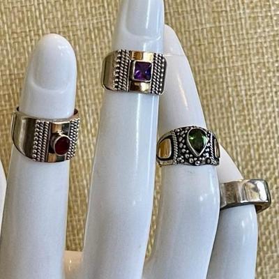 (4) Sterling Silver Pinky Rings - Peridot - Amethyst & Ruby - Sizes 2-3 - Total Weight 19.4 Grams 