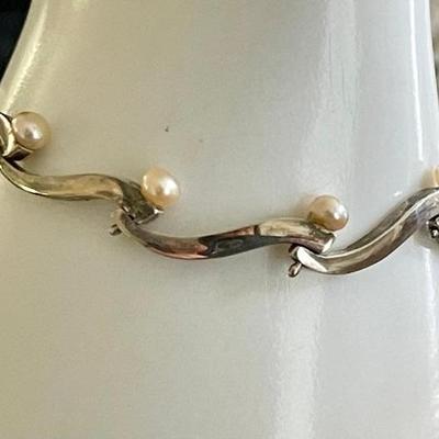 Vintage Sterling Silver & Pearl Handmade Link 7.5 Inch Bracelet - Total Weight 16.2 Grams 