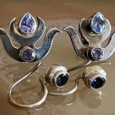 (2) Pairs Of Sterling Silver & Tanzanite Handmade Earrings - Total Weight 4.5 Grams 
