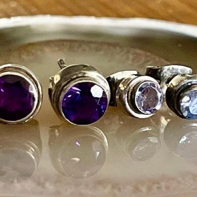 (2) Pairs Of Sterling Silver Handmade Earrings (1) Amethyst (1) Blue Topaz Total Weight 3.5 Grams 