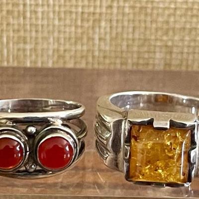 (2) Sterling Silver Rings - Amber Cabochon & Carnelian - Total Weight 19 Grams 