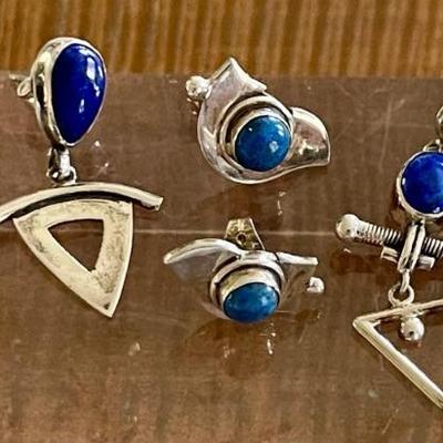 (3) Pairs Of Sterling Silver & Blue Lapis Handmade Earrings - Total Weight 17.4 Grams 