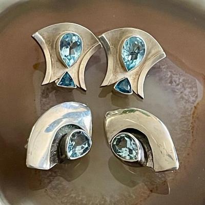 2 Pairs Of Handmade Sterling Silver And Faceted Blue Topaz Clip On Earrings - Total Weight 13.6 Grams 