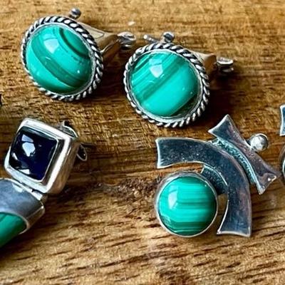 (3) Pairs Of Sterling Silver - Malachite & Iolite Handmade Earrings -total Weight 17.2 Grams 