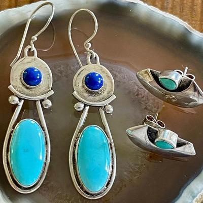 (2) Pairs Of Serling Silver - Turquoise & Blue Lapis Post & Wire Earrings - Total Weight 18.4 Grams 