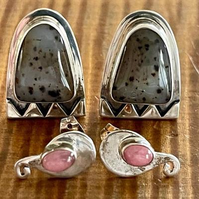 (2) Pairs Of Sterling Silver - Rhodochrosite & Agate Earrings - Total Weight 12.2 Grams 
