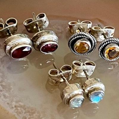 (3) Pairs Of Sterling Silver Handmade Post Earrings (1) Citrine (1) Spectrolite (1) Garnet - Weight 5.7 Grams 