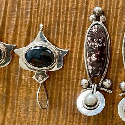 (2) Pairs Of Sterling Silver - Pietersite - Jasper And Pearl Earrings - Total Weight 29.4 Grams 