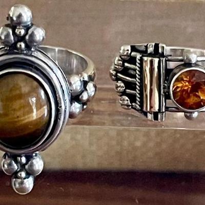 (2) Sterling Silver Rings - Tigers Eye Cabochon & Faceted Citrine - Total Weight 15.4 Grams 