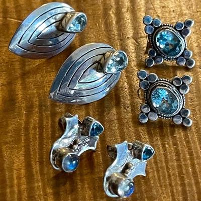 (3) Pairs Of Sterling Silver - Faceted Blue Topaz & Rainbow Moonstone Earrings - Total Weight 13.9 Grams 