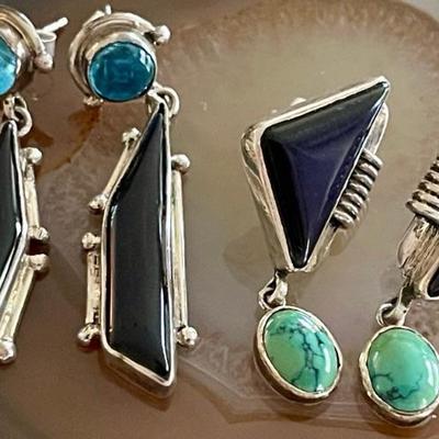 (2) Pairs Of Sterling Silver - Black Obsidian - Blue Topaz & Turquoise Earrings - Total Weight 19 Grams 