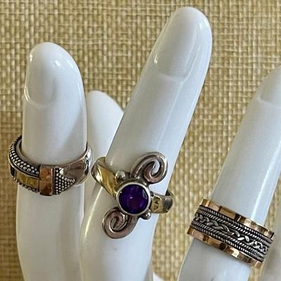 (3) Sterling Silver Rings (2) Bands W 18K Gold Accent &  (1) W Amethyst Stone - 15.9 Grams 