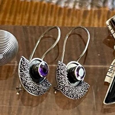 (3) Pairs Of Sterling Silver Handmade Earrings (1) Amethyst (1) Amber & Onyx (1) Modern -  Weight 14.5 Gram 