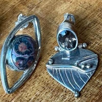 (2) Pairs Of Sterling Silver - Smoky Topaz & Fossil Handmade Earrings - Total Weight 15.4 Grams 