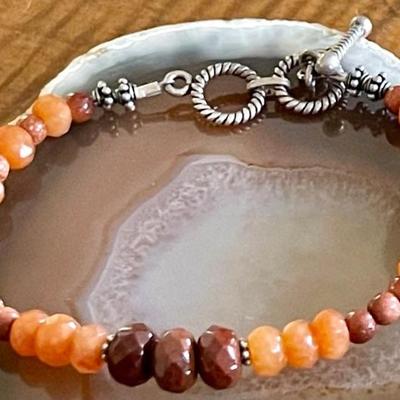 Vintage Sterling Silver - Carnelian & Mahogany Obsidian Bead 7.5 Inch Bracelet 