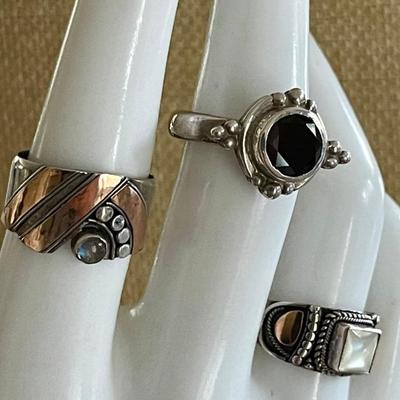(3) Sterling Silver Rings - Mother Of Pearl - Faceted Garnet &  Moonstone 18K Gold Accent - Weight 15.7 Grams 