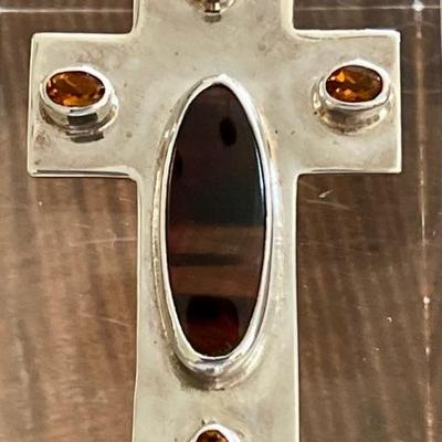 Lovely Sterling Silver - Citrine & Agate Handmade Cross Pendant - Total Weight 28.5 Grams 