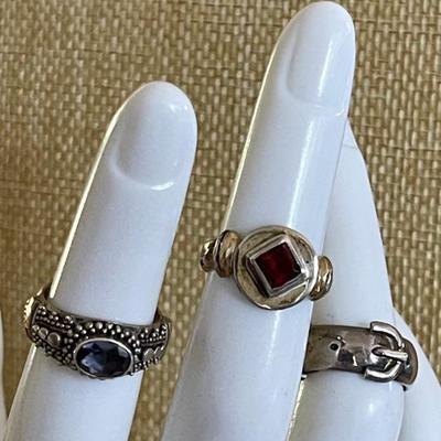 (3) Sterling Silver Pinky Rings - Iolite W 18K Gold - Garnet & Buckle Band - Sizes  3-4 - Weight 13.8 Grams 
