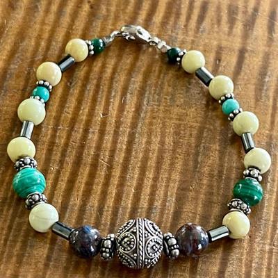 Vintage Sterling Silver - Malachite - Agate & Turquoise Bead 7.5 Inch Bracelet 