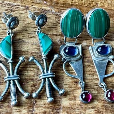(2) Pairs Of Sterling Silver - Malachite - Iolite & Garnet Handmade Earrings - Total Weight 17.6 Grams 