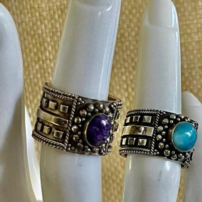 (2) Sterling Silver Charoite & Larimar Cabochon Band Rings - Size 5.25 - Total Weight 9.6 Grams 