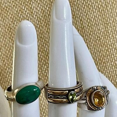 (3) Sterling Silver Rings - Citrine - Peridot & Chrysocolla - Sizes Weight 21.2 Grams 
