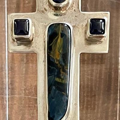 Lovely Sterling Silver - Pietersite & Amethyst Handmade Cross Pendant - Total Weight 31.7 Grams 