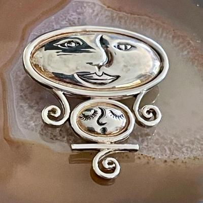 Sterling Silver Handmade Vintage Moon Pin - Total Weight 11.3 Grams 