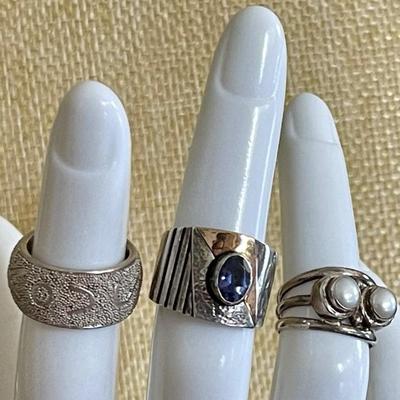 (3) Sterling Silver Pinky Rings Sizes 3.25 - 5 - Band - Iolite W 18K Gold Accent - Pearl - Weight 16.3 Grams 