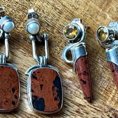 (2) Pairs Of Sterling Silver - Mahogany Obsidian - Pearl & Faceted Citrine Handmade Earrings 15.4 Grams 