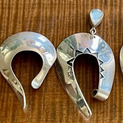 (2) Pairs Of Sterling Silver Handmade Cuff Earrings (1) Pair W Moonstone Cabochons - Weight 36.9 Grams 
