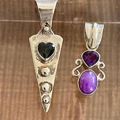 (2) Sterling Silver Handmade Pendants  (1) Rainbow Topaz & (1) Charoite & Amethyst - Weight 