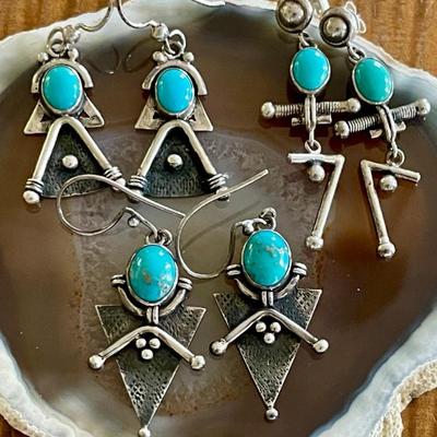 (3) Pairs Of Sterling Silver & Turquoise Handmade Wire And Post Earrings - Total Weight  21.2 Grams 
