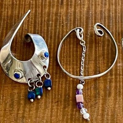 (2) Pairs Of Sterling Silver Handmade Cuff Earrings (1) Lapis & Azurite & One Dangle Beads - 31 Grams 