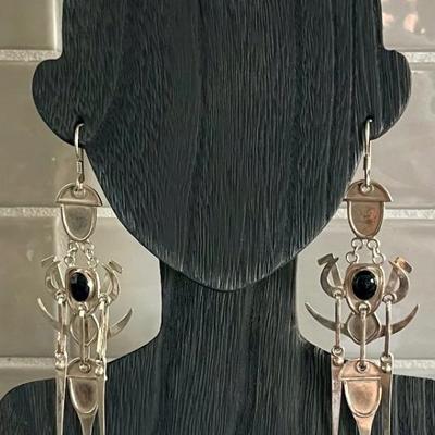 Pair Of Sterling Silver & Black Onyx Goddess Earrings Total Weight - 19.4 Grams 