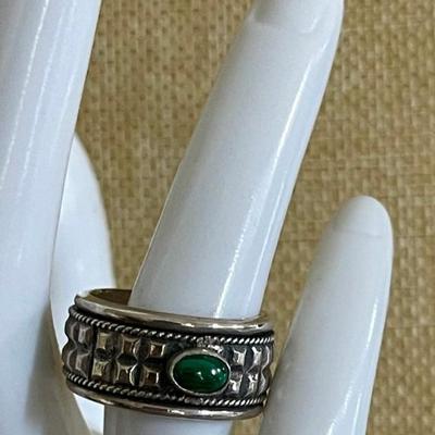 Sterling Silver Spinner Ring - Malachite & Blue Topaz - Size 7.75 Total Weight 10.6 Grams 