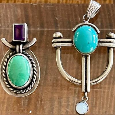 (2) Sterling Silver Pendants (1) Turquoise & Moonstone (1) Chrysocolla & Amethyst - Total Weight 15.4 Grams