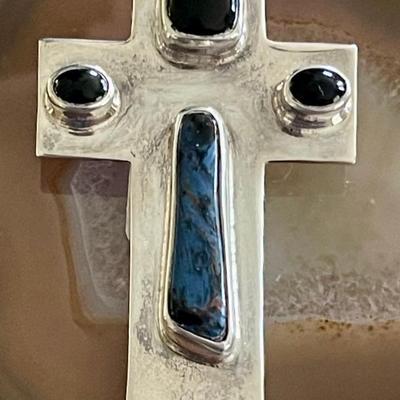 Vintage Hand Made Sterling Silver Pietersite & Black Onyx Cross Pendant - Total Weight 30.6 Grams 