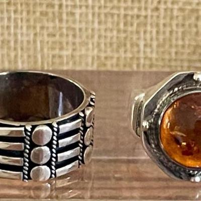 (2) Sterling Silver Rings - Amber Cabochon & Tribal Band - Total Weight 19.1 Grams 