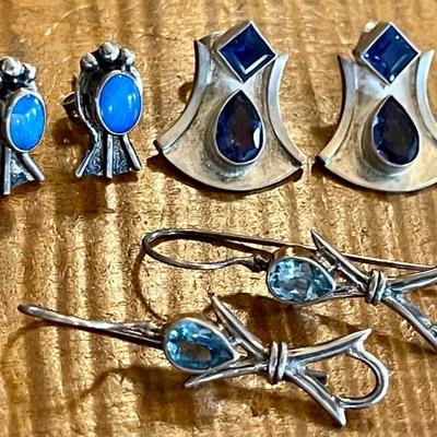 (3) Pairs Of Sterling Silver - Faceted Blue Topaz - Iolite & Opal (as Is) Earrings - Total Weight 14.1 Grams 