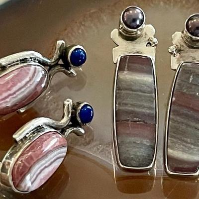 (2) Pairs Of Sterling Silver - Jasper - Agate - Blue Lapis Grey Pearl Earrings - Total Weight 22.1 Grams 