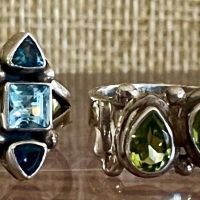 2 Sterling Silver Pinky Rings - Faceted Topaz & Faceted Peridot - Total Weight 11.9 Grams 